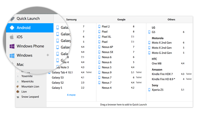 BrowserStack Live dashboard with focus on operating system selection