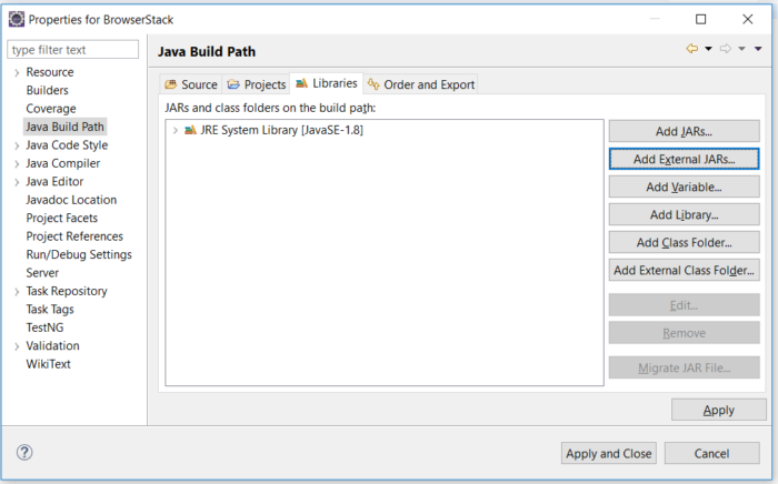 Java Build Path for Selenium automation framework Java