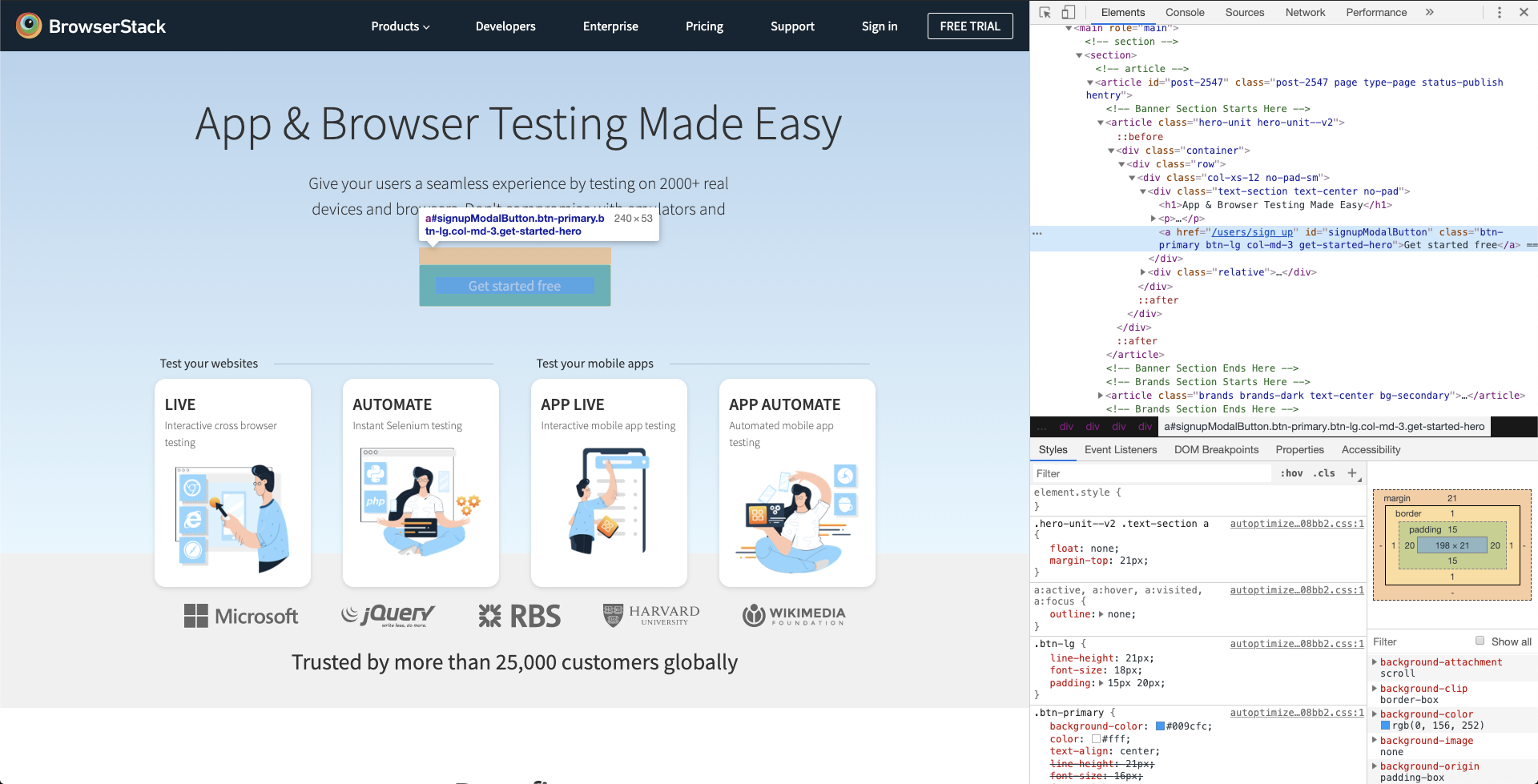 BrowserStack homepage with developer tools