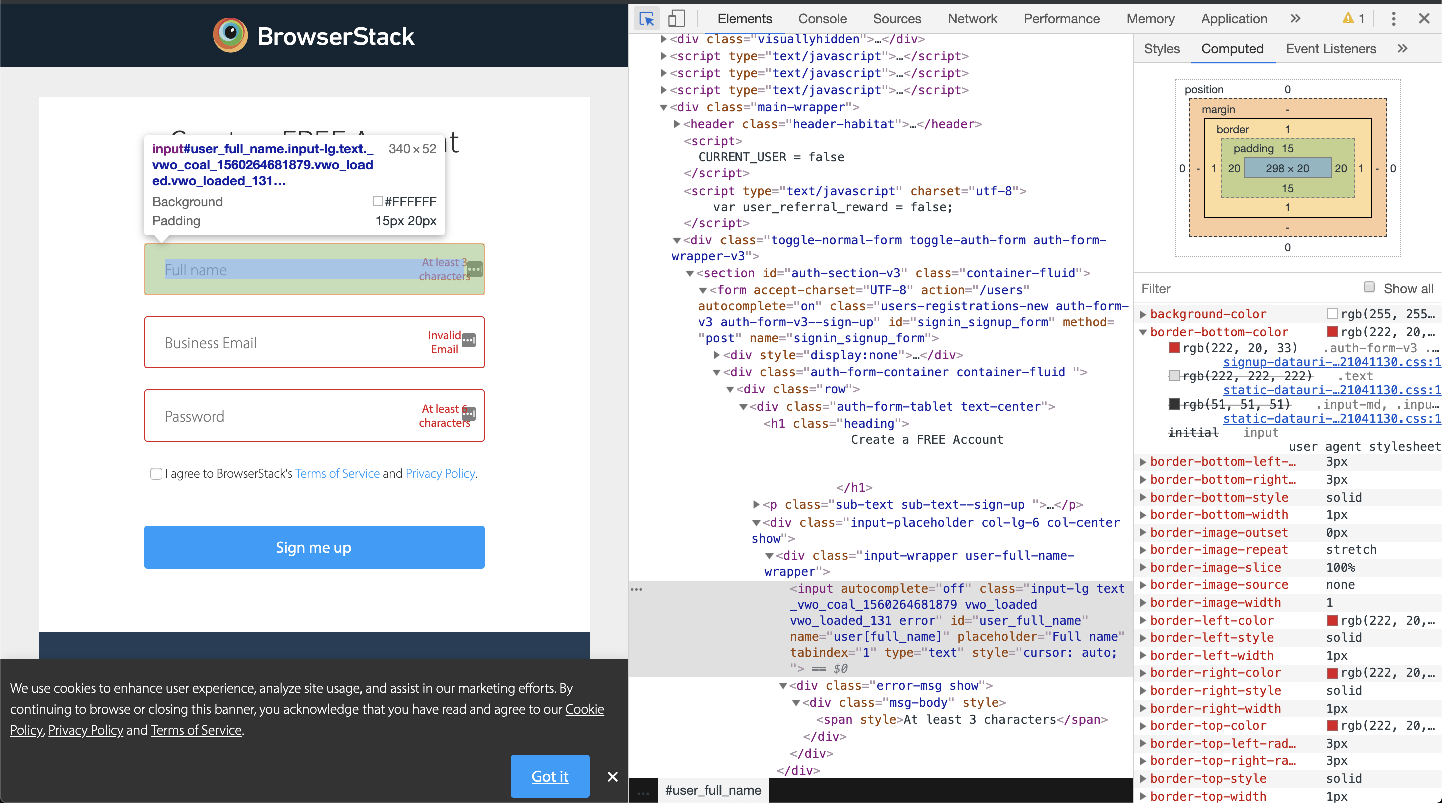 BrowserStack UI with developer tools