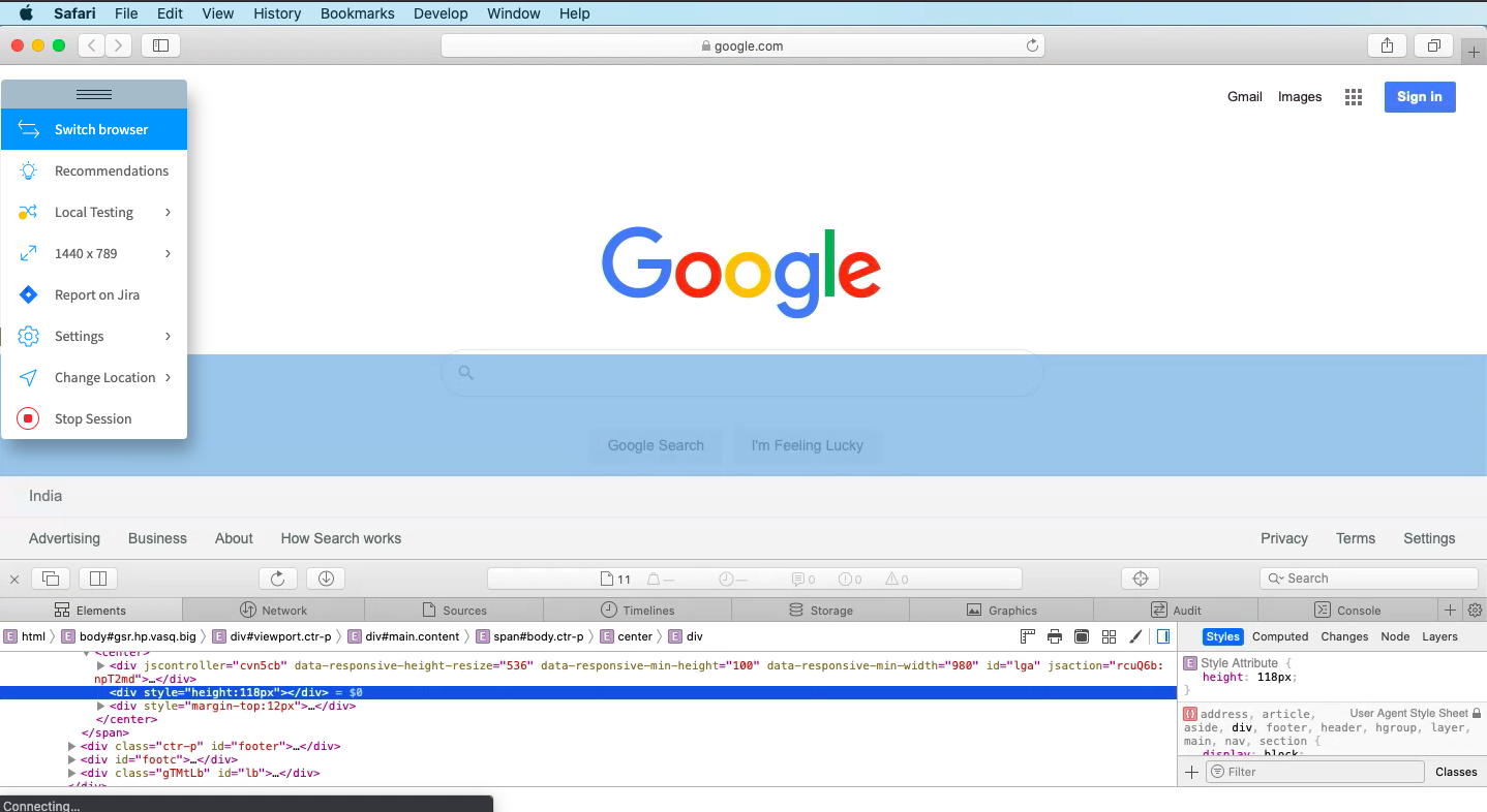 Safari browser remote debugging