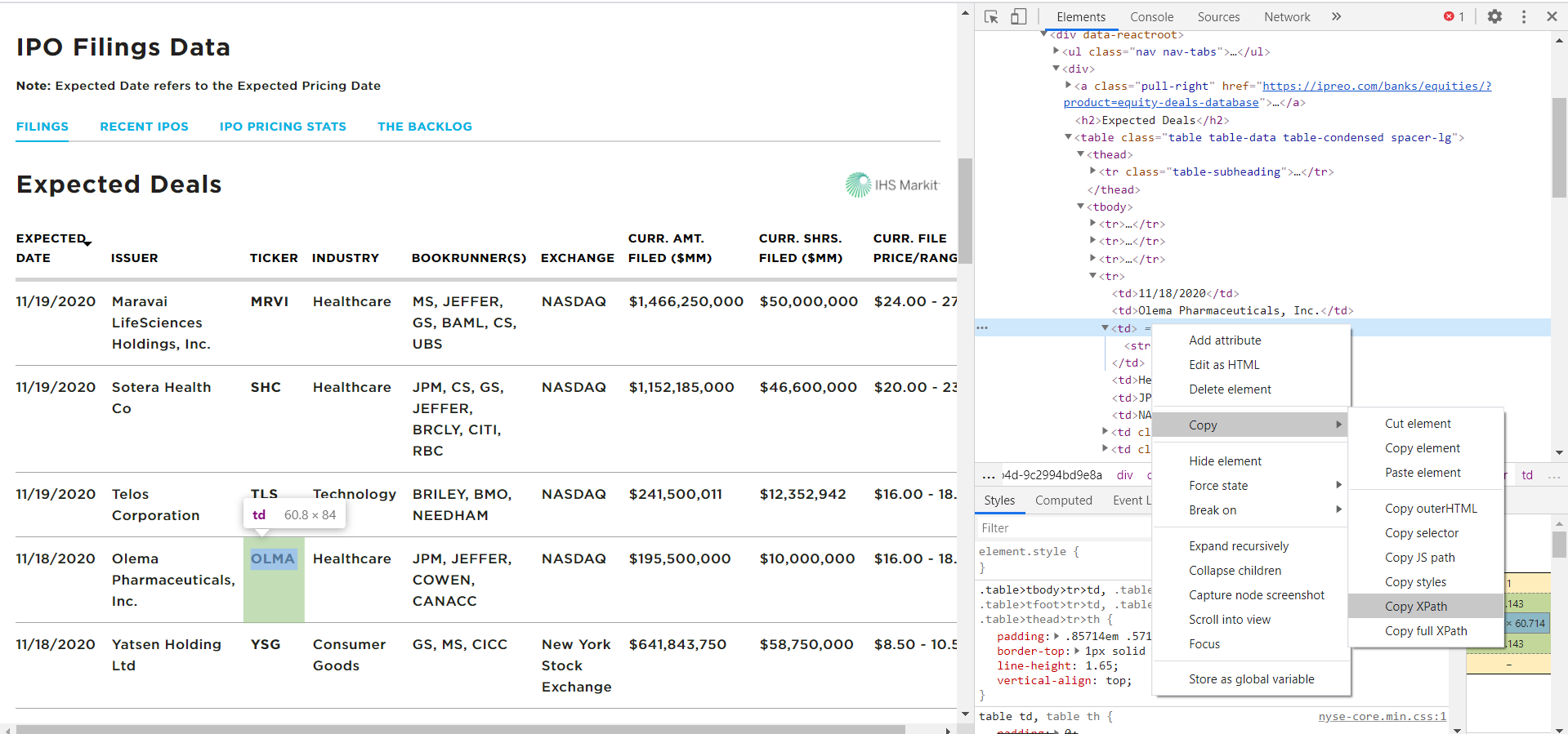 NYSE Web Tables Example Copy Xpath 2