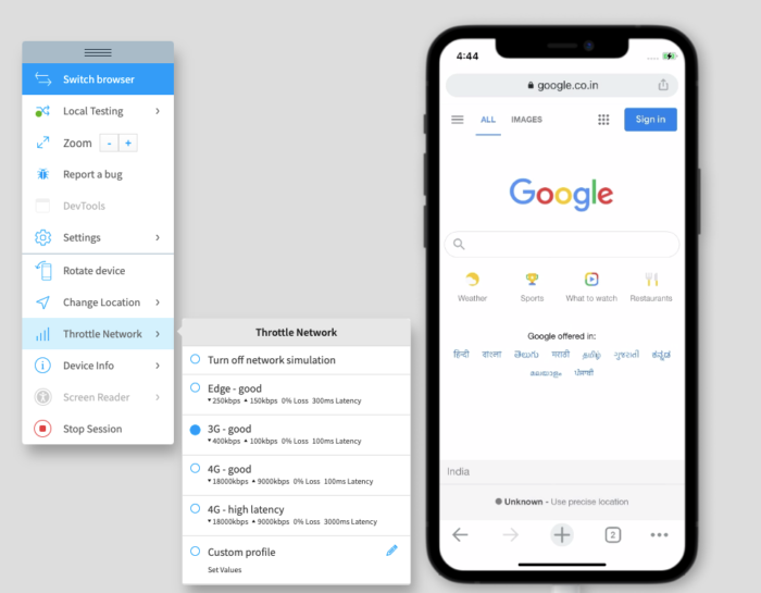 Chrome network throttle on BrowserStack