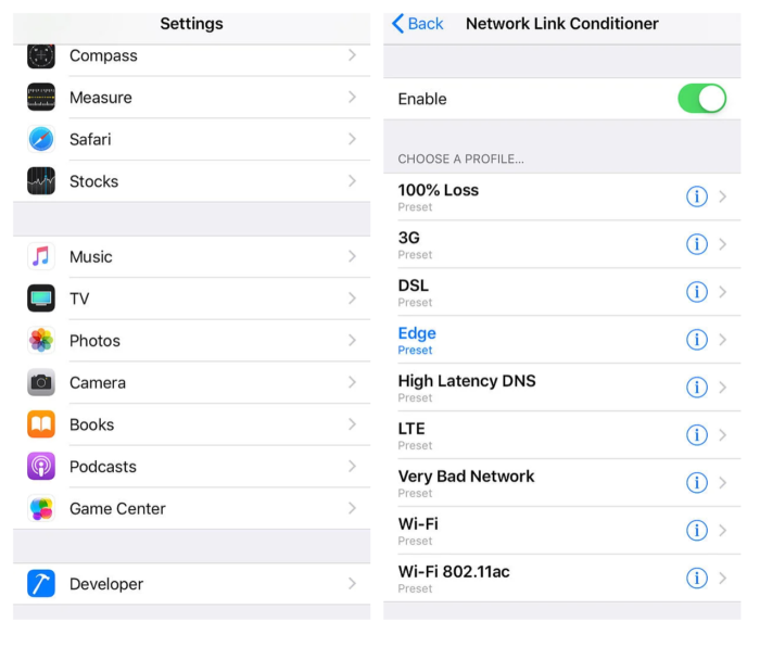 iOS network simulation