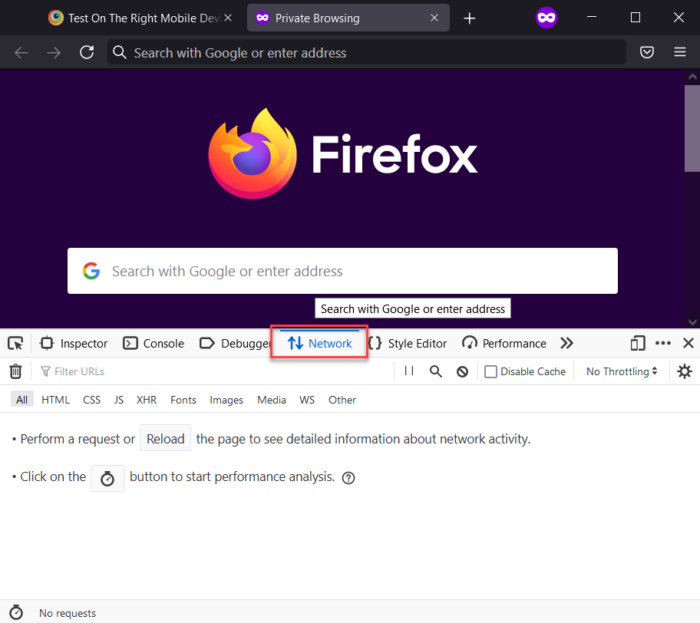 Open network tab in Firefox