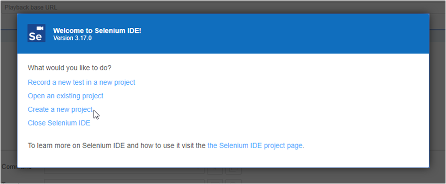 Create New Project in Selenium IDE
