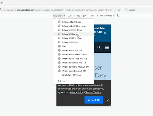 Select Device in Firefox Responsive Design Mode