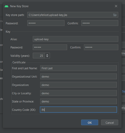 Creating a new KeyStore in Android Studio