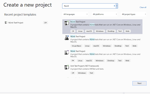 Creating New NUnit Project in Visual Studio