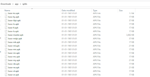 Splits Folder containing details of APK files