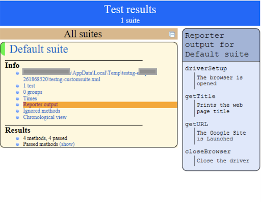 HTML Index Report with TestNG Reporter Log