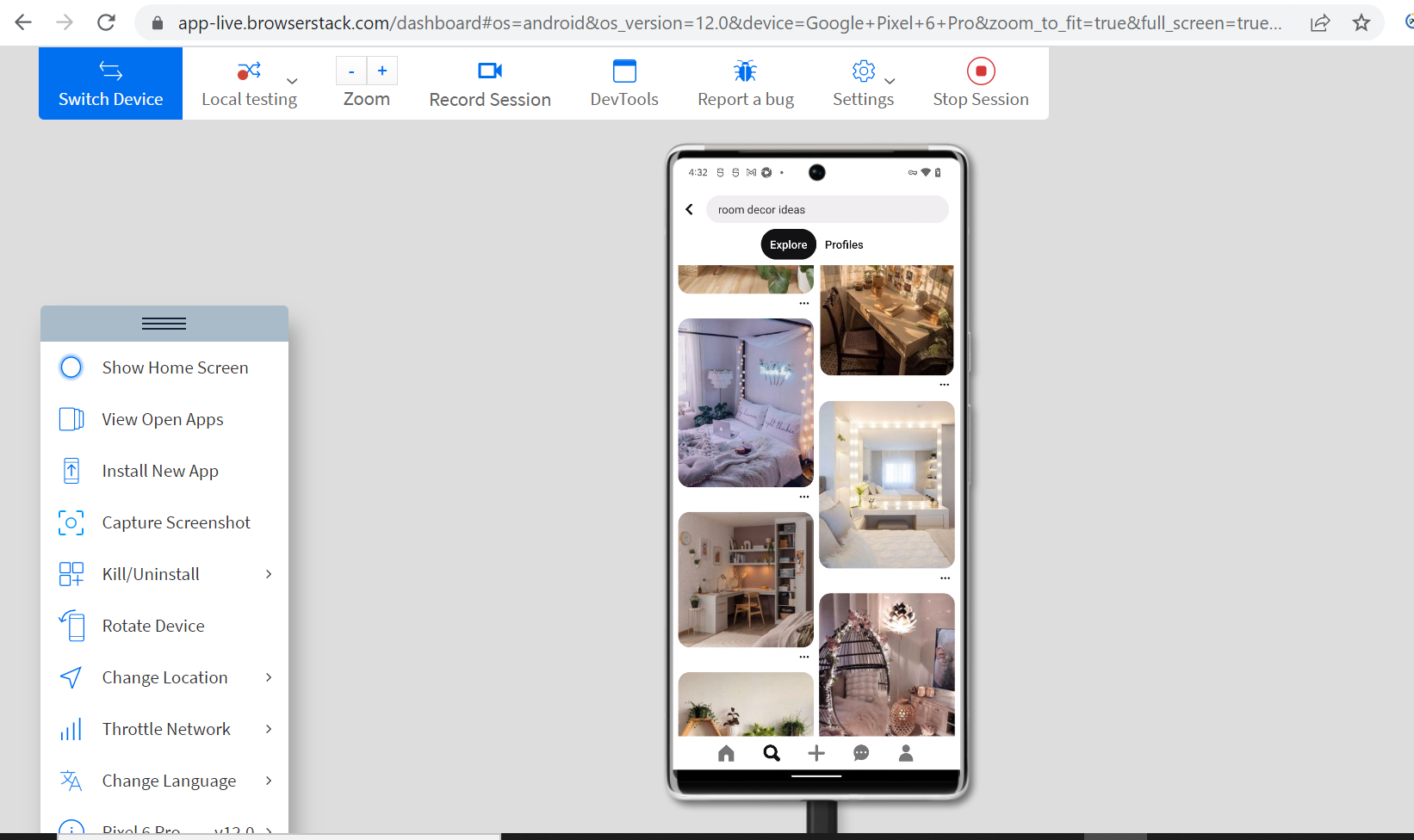 UI Test of React Native App Pinterest on Android Phone