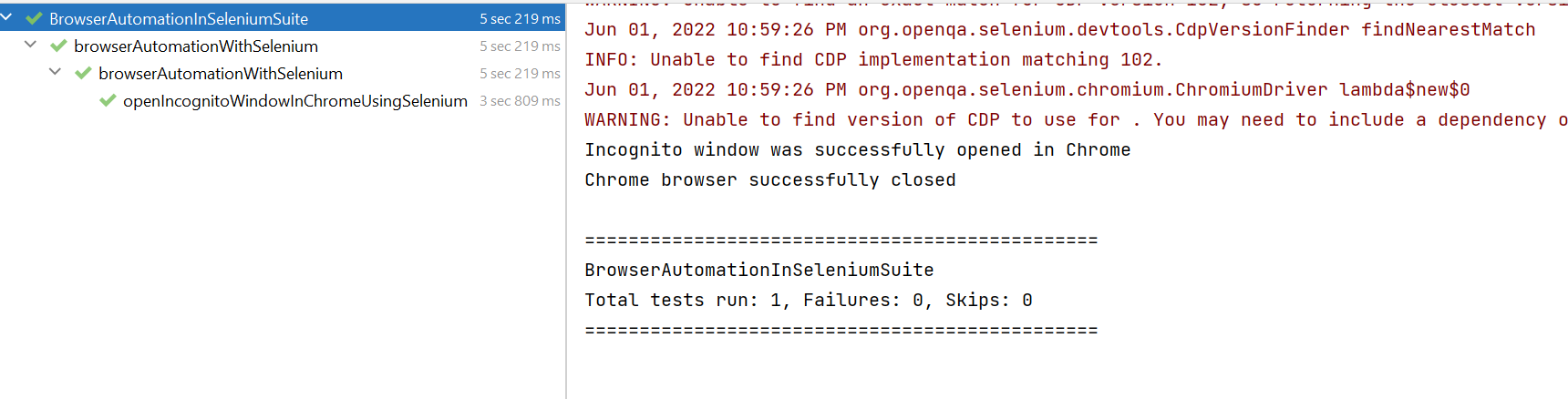 Test Result of Browser Automation to launch browser in Incognito Mode