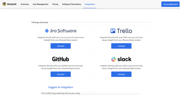 BrowserStack Integrations Interface