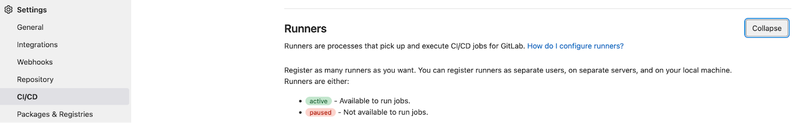 Runners tab to run GitLab CI