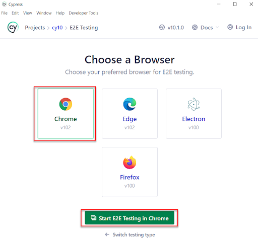 Choose the browser Cypress