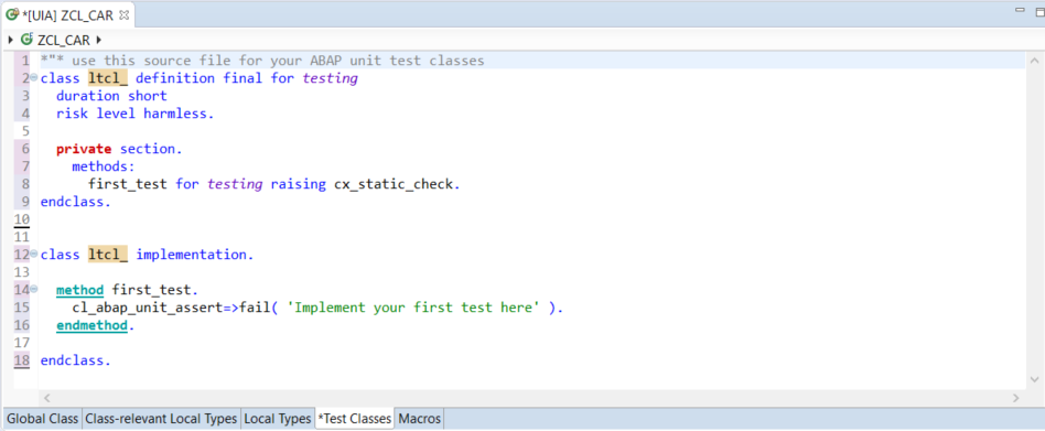 Insert Test Class Template of ABAP Unit Test in SAP