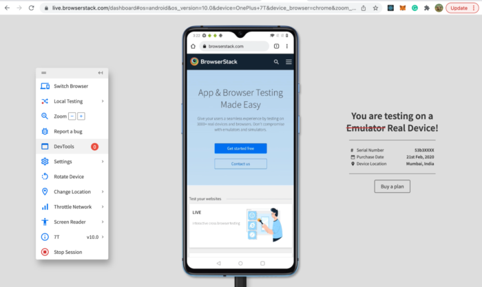 testing html code in a Real Mobile on BrowserStack Live