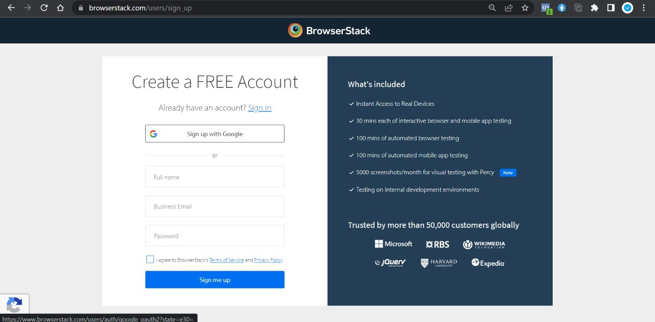 Sign up on BrowserStack