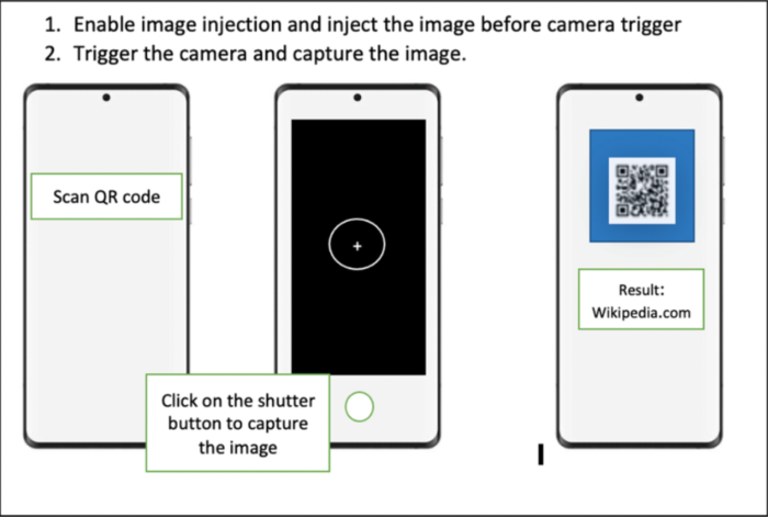 Testing QR code online using camera image injection