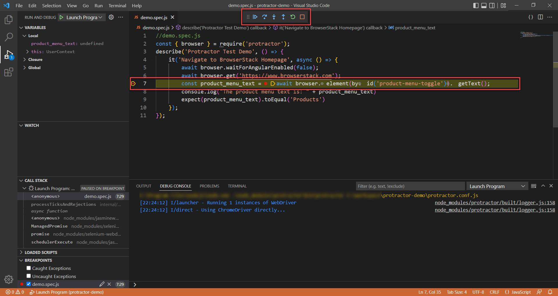 Add the break point in VSCode and debug the test