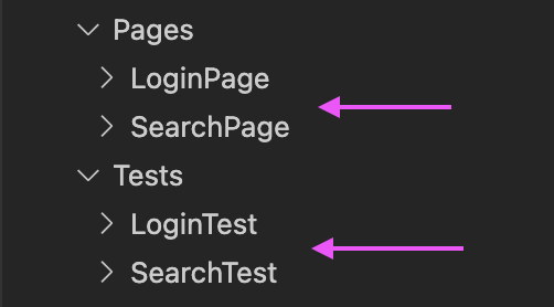 Create two subfolders Under Tests and Page