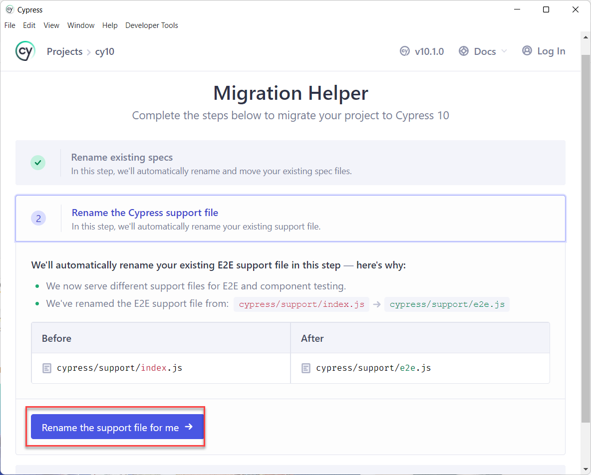 Change Cypress Support Files