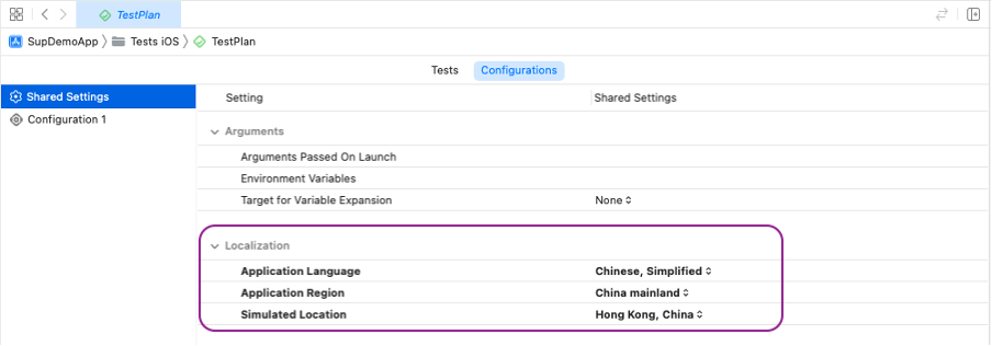Create a test plan and configure the localization section