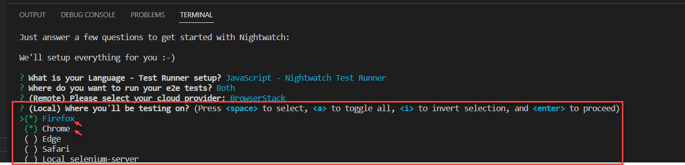 Select browsers to run the tests on Local for NightwatchJS setup  Select browsers to run the tests on Local for NightwatchJS setup
