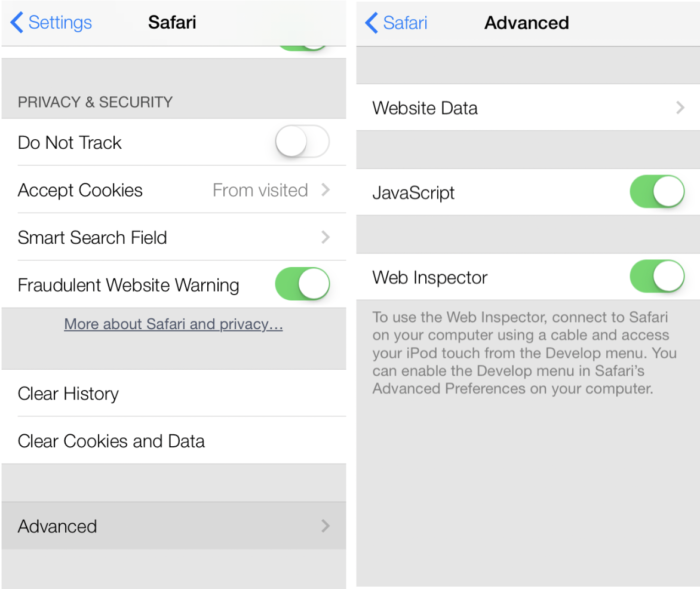 How to inspect Safari in iPhone using Web Inspector