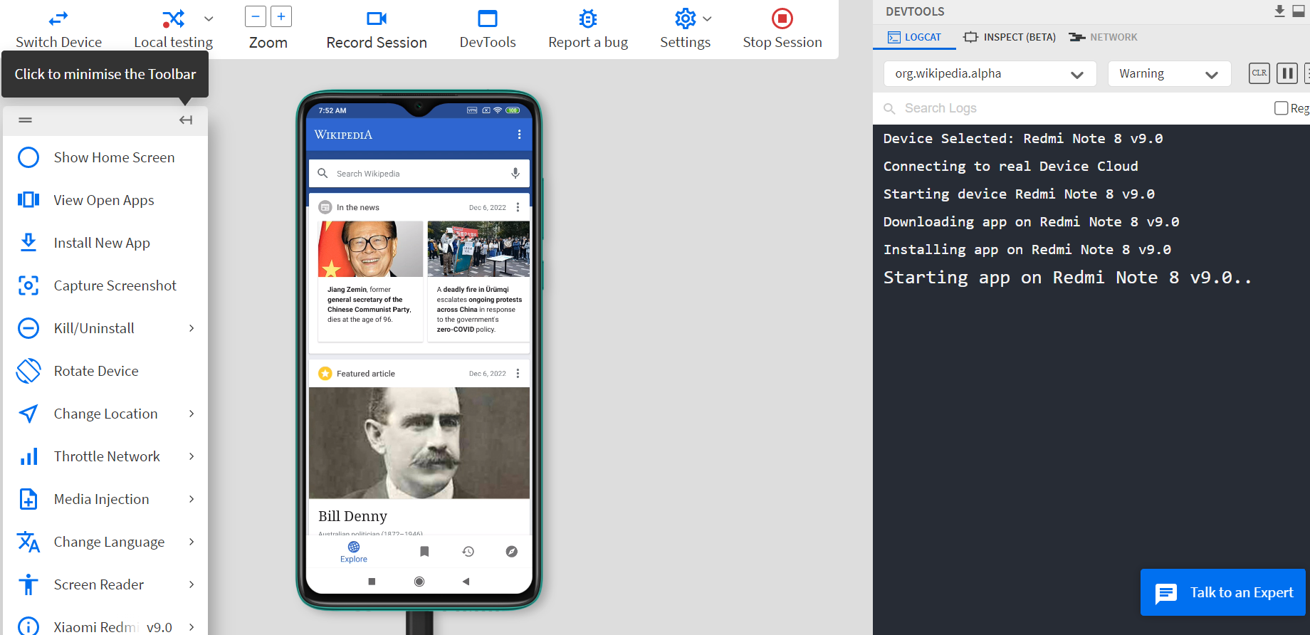 ScreenReader feature on BrowserStack App Live