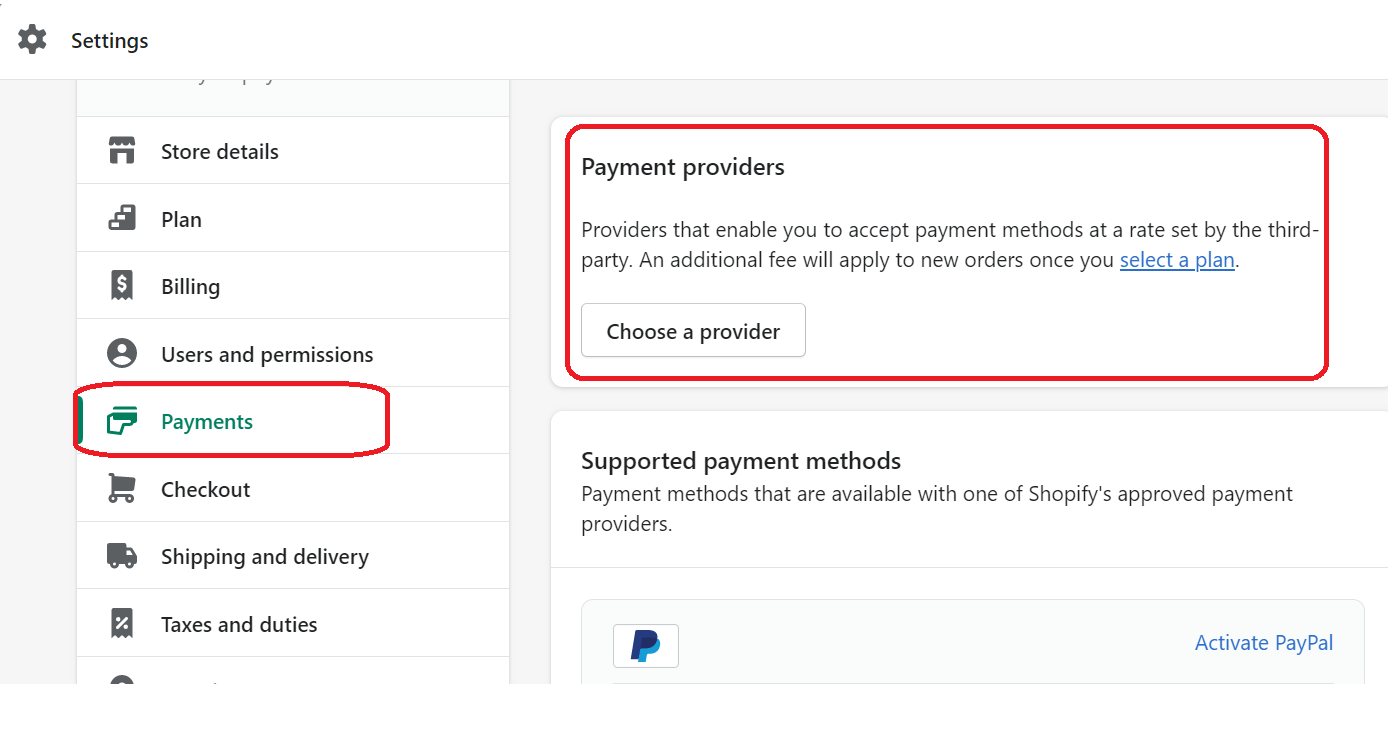 Choose a Payment Provider to test Shopify Payements