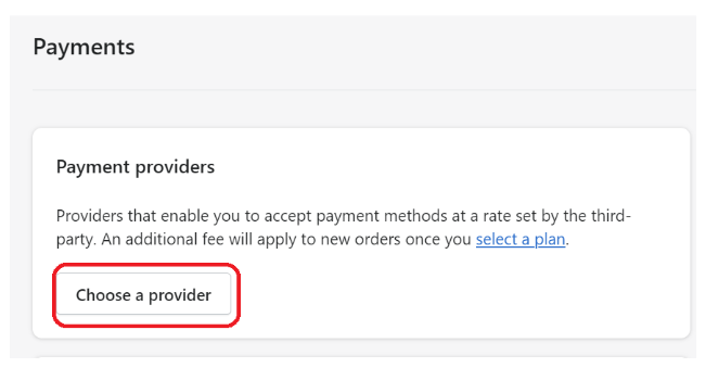 Choose a Provider option to test Shopify Payments