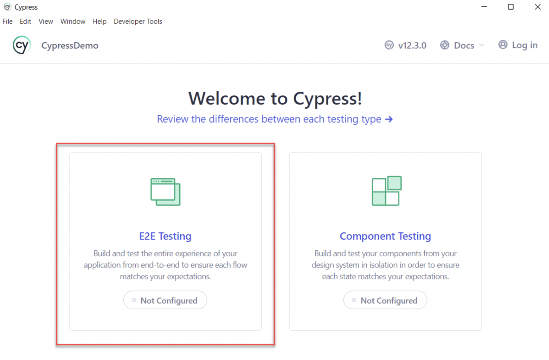Choose Test Type to test React App in Cypress