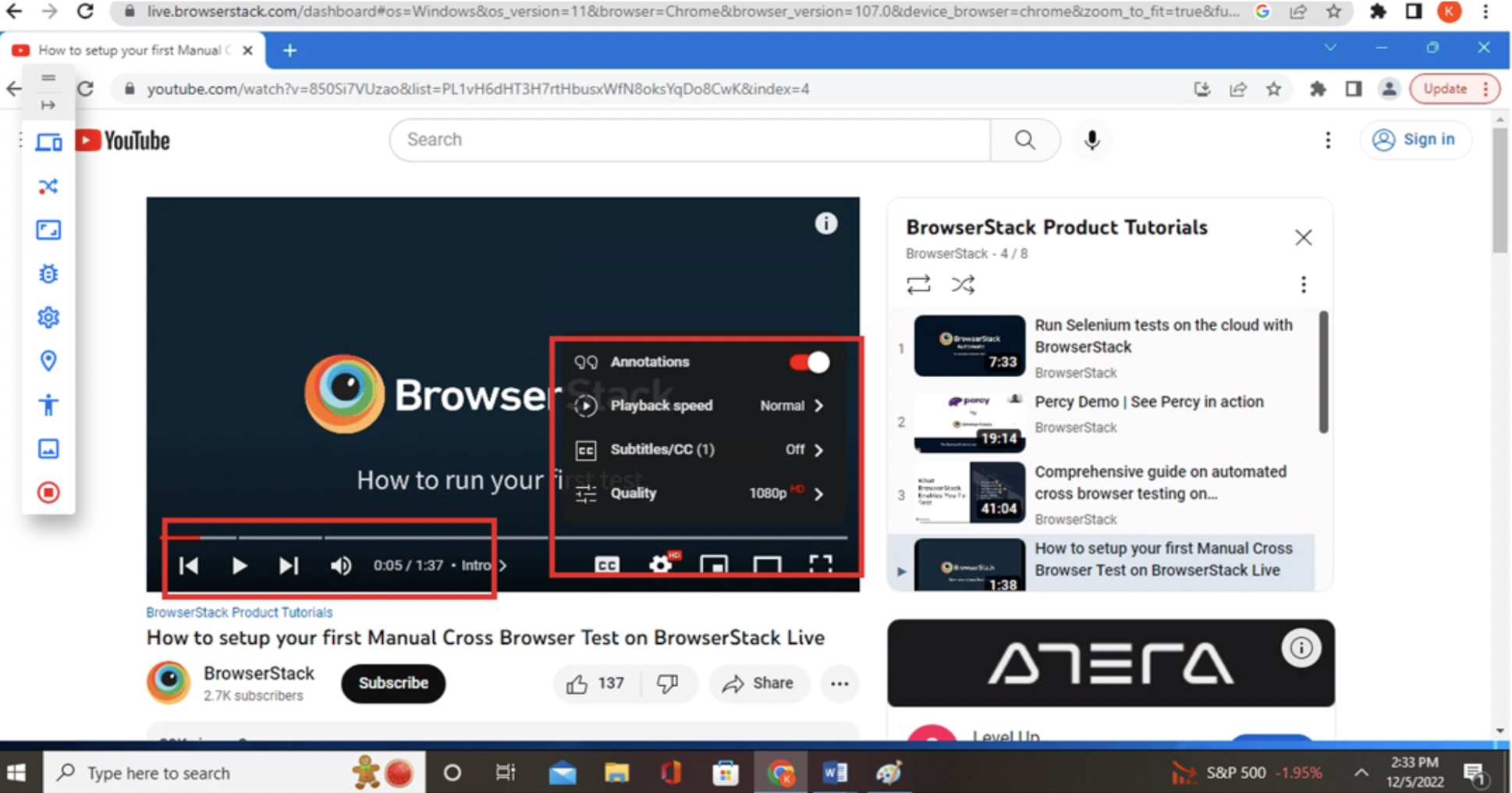 Video Testing using BrowserStack Live on Windows11 Chrome107 browser