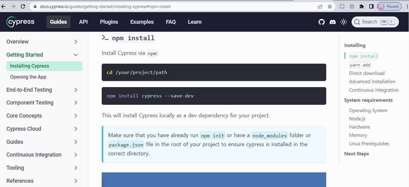 Installing Cypress using NPM