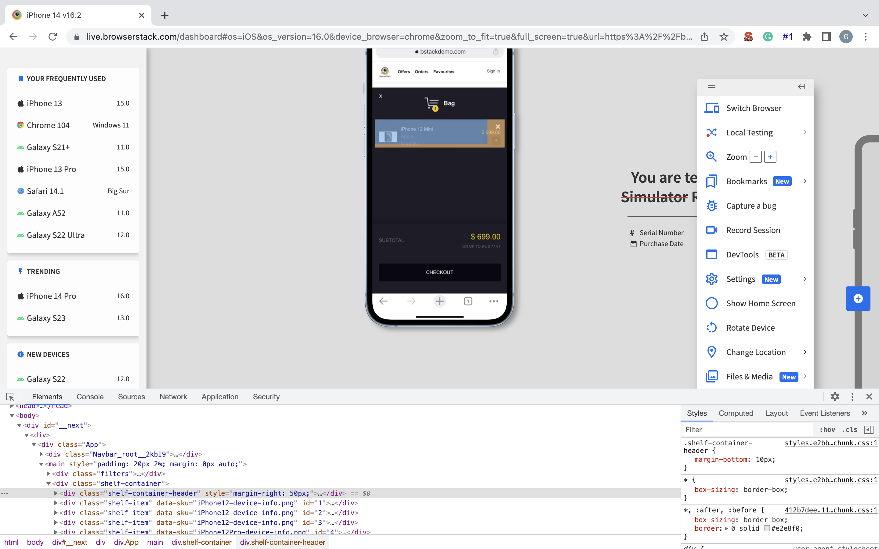 Debug in real time using Inspect Element on iPhone using BrowserStack Live