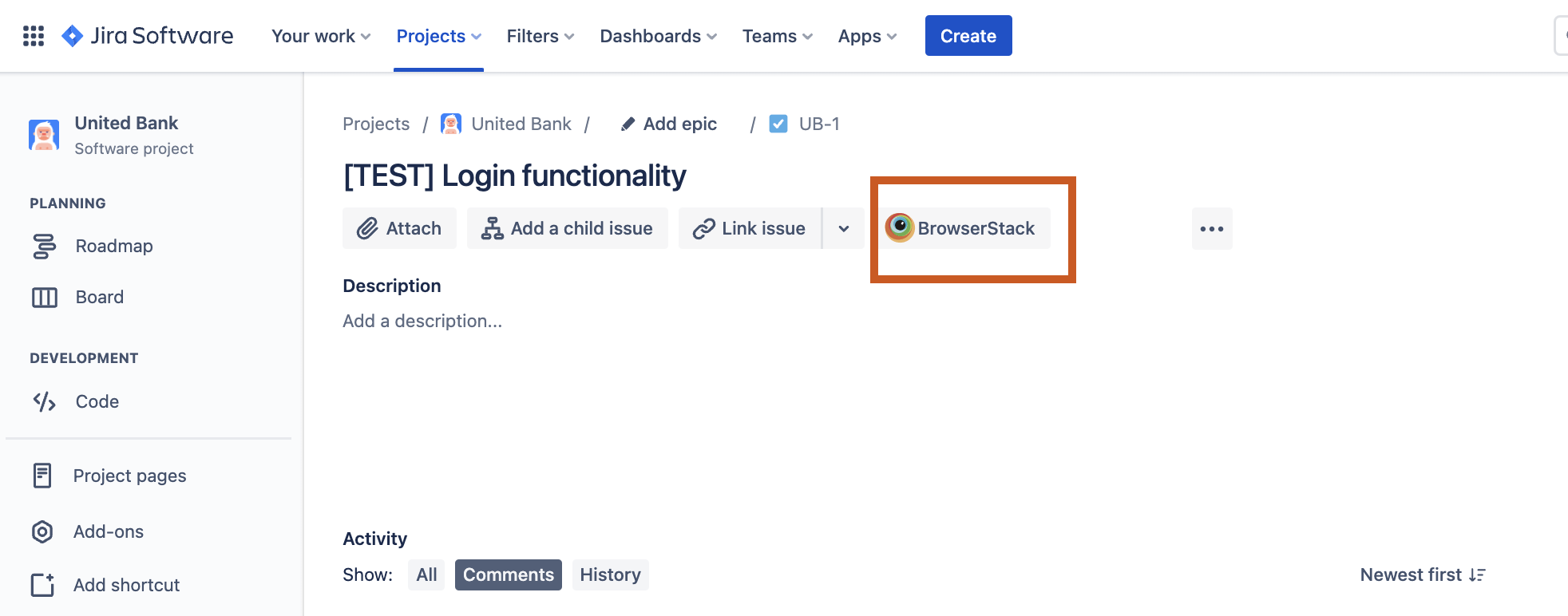 Install BrowserStack app from Atlassian Marketplace