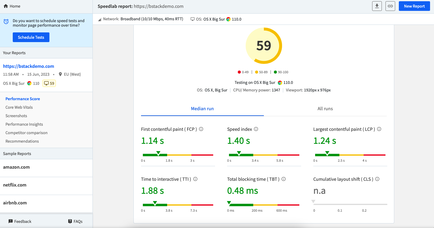 SpeedLab gives you report with all relevant metrics 