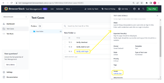 Add Link to Jira to create test case on BrowserStack Test Management and Jira
