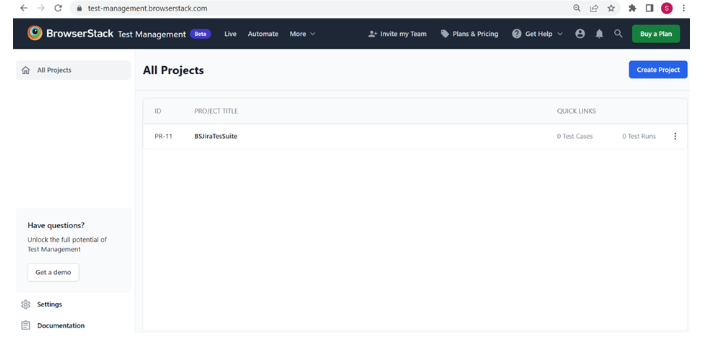 Create a project for the test suite in BrowserStack Test Management Tool