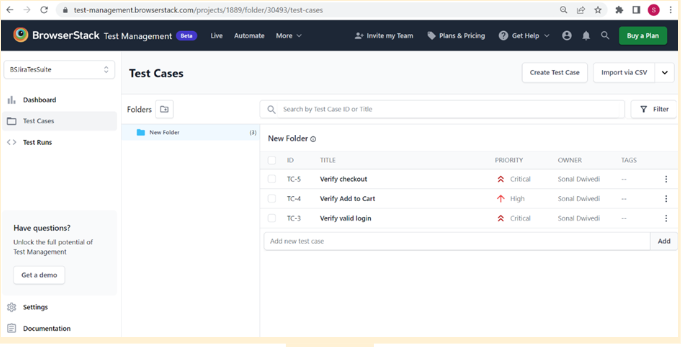 Enter test cases on BrowserStack Test Management to manage them using Jira
