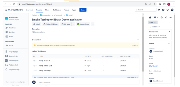 Refresh Jira ticket to see all the testcases on BrowserStack Test Management Tool