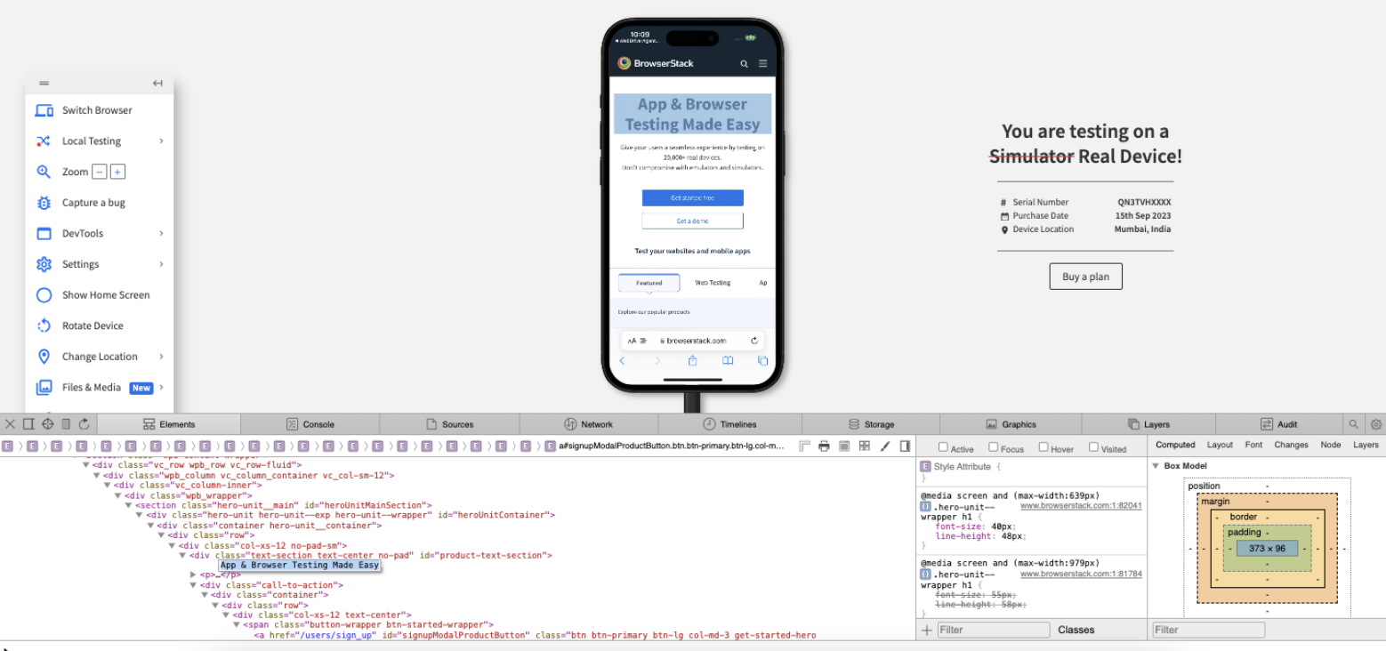 Inspect Element on iPhone 15 using BrowserStack