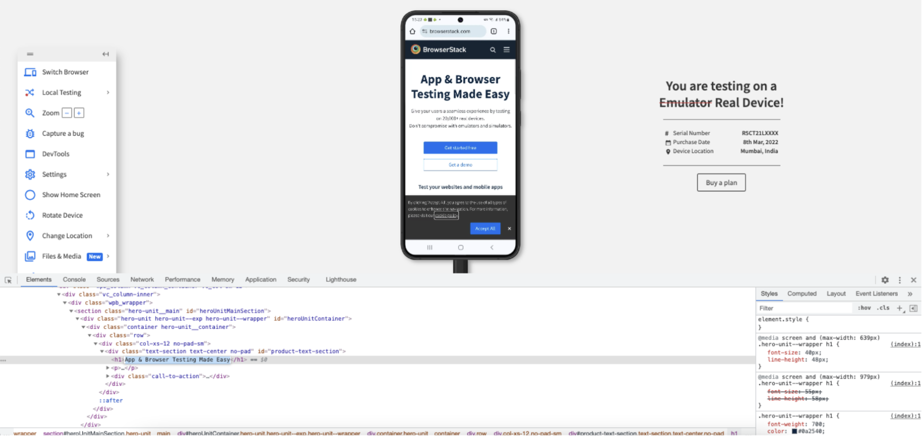 Inspect Element on Real Android Devices using BrowserStack Live