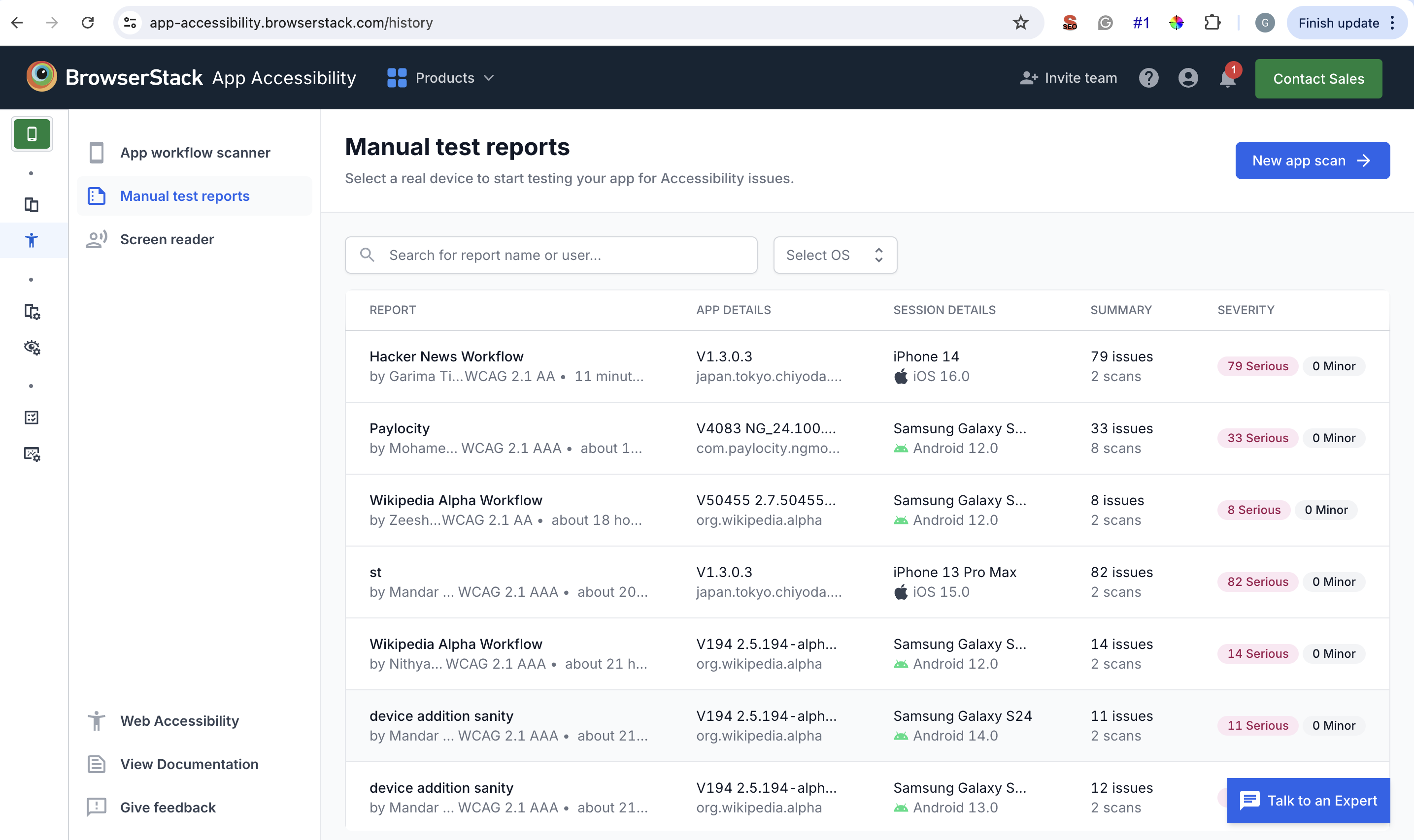 Mobile App Accessibility Reporting Dashboard using BrowserStack App Accessibility 