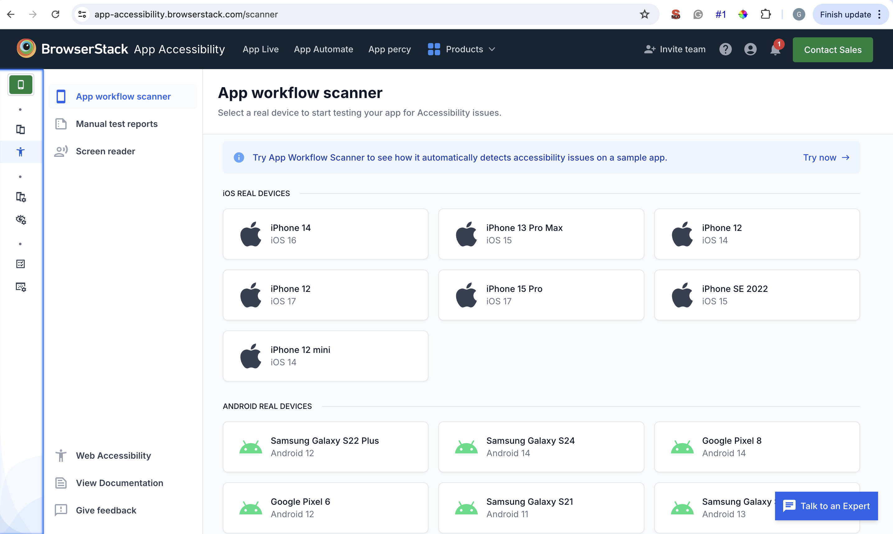 Select Mobile Device and OS for Mobile Accessibility Testing