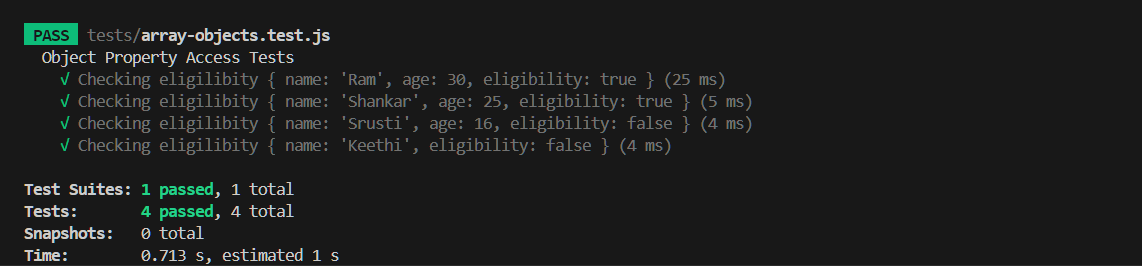 Array objects test output