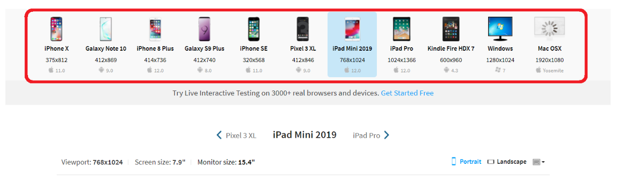 BrowserStack Responsive device list