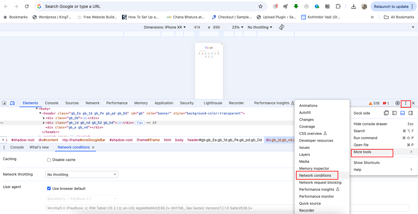 Change User Agent via Network Conditions Panel